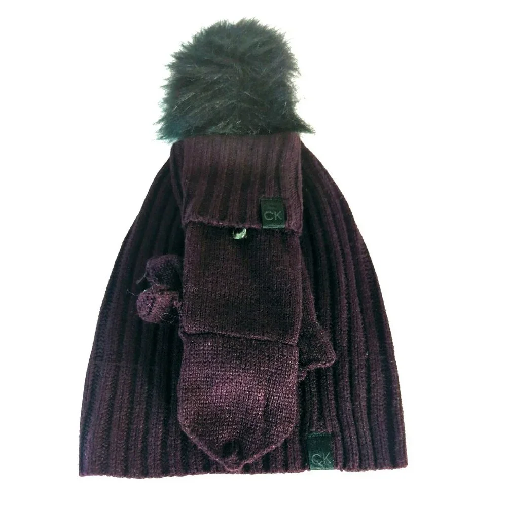 Calvin Klein Faux Fur Pom pom Hat Flip Top Gloves set Aubergine Purple